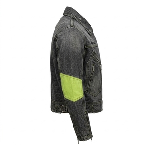 Veste en jean noire délavée pour homme Dravelle, style motard, respirante, avec panneau vert néon personnalisé, fermeture éclair asymétrique, streetwear cyberpunk - Product Image 3