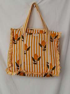 Yellow Solid Cotton Tote Bag Ruffles <b>Lemon</b> Embroidery Open Closure Winter/Spring/Summer Bohemian Style Hand Block Design Travel - Product Image 5
