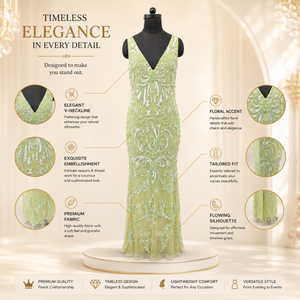 Luxury Women Green Embroidered Evening Gown | Elegant V Neck Maxi Dress Premium Designer Party Wear Wedding Reception Formal - Product Image 4