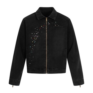 Unisex Trendy Punk Washed Denim <b>Jacket</b> Colorful <b>Rhinestone</b> Design Covered Button Closure Regular Length Eco-Friendly Breathable - Product Image 2