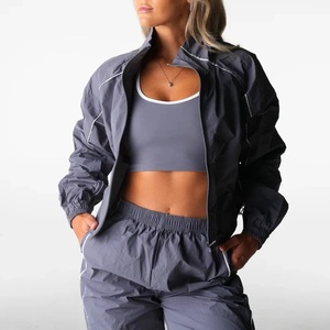Customize Outdoor <b>Running</b> Waterproof Windbreaker Women Fitness <b>Reflective</b> Piping Stripe Stand-up Cropped <b>Jackets</b> - Product Image 6