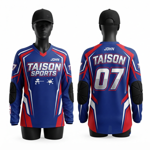 Camiseta de Paintball para Hombre, 180 GSM, Malla de Poliéster Transpirable, Diseño de Paneles Azul, Rojo y Blanco, Logotipo con Impresión Digital, Absorbe la Humedad - Product Image 1