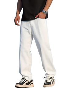 Jean en coton blanc coupe droite pour homme, taille mi-haute, coupe ample, style décontracté, idéal pour l'été - Product Image 1