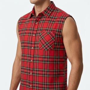 Chemise en flanelle à carreaux sans manches pour homme avec logo personnalisé, rouge et noir, coupe classique, boutonnée, col rabattu, 100% coton, tee-shirt en flanelle pour homme - Product Image 3