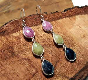 925 Sterling Silver Multi <b>Sapphire</b> Gemstone Dangle <b>Earrings</b> <b>Blue</b> Yellow Pink Teardrop Bohemian Style Wedding Engagement Party - Product Image 5