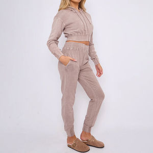 Ensemble de survêtement pour femme avec sweat à capuche court et pantalon de jogging effet délavé, motif uni, hiver, prix promotionnel, survêtements personnalisés pour femme - Product Image 3