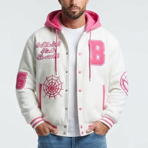 Nueva Chaqueta Varsity con Capucha Blanca y Rosa para Hombre, con Bordado de la Letra B y Diseño de Telaraña, Estilo Preppy, para Otoño - Product Image 1