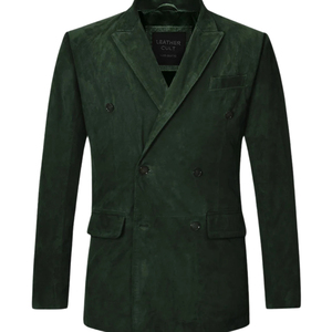Chaqueta de cuero genuino para hombre, estilo blazer de doble botonadura, en gamuza verde, de la marca Leather Cult. - Product Image 1