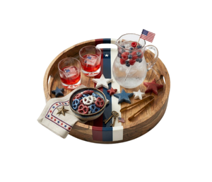 Plateau de service en bois pour la fête de l'Indépendance américaine, plateau rond en bois patriotique avec rayures rouges, blanches et bleues pour usages multiples - Product Image 4