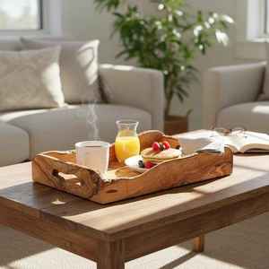 Handmade Olive Wood Modern Durable Lightweight <b>Serving</b> Tray Breakfast <b>Wooden</b> <b>Serving</b> <b>Platter</b> Cutout Handles Decorative Kitchen - Product Image 3