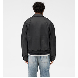Veste en cuir véritable noire pour homme, col chemise, manches raglan, fermeture éclair bidirectionnelle, coupe courte et ample, style streetwear minimaliste - Product Image 2