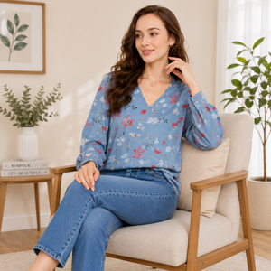 Robe en satin à imprimé floral bleu de qualité supérieure pour femmes, col en V, manches bouffantes, coupe ample décontractée, printemps-été - Product Image 6