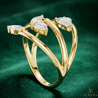 Anillo de diamantes cultivados en laboratorio con corte pera y marquesa, anillo de banda de oro lisa con diseño abierto y dividido, anillo único para novia