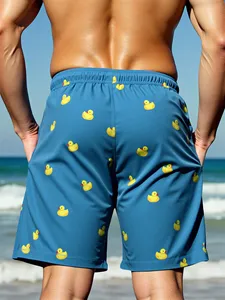Bañador azul con estampado de pato de dibujos animados para hombre, con cordón en la cintura y bolsillos, pantalones cortos de playa de secado rápido - Product Image 2