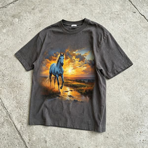 เสื้อยืดผ้าฝ้ายถักด้านหน้าลายม้าทรงพอดีตัวสไตล์วินเทจเสื้อคอกลมรุ่นพรีเมี่ยม - Product Image 1