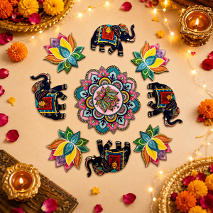 Ensemble de rangolis en bois réutilisables en gros avec motifs d'éléphant et de lotus, art de sol modulaire multi-pièces pour la décoration de Diwali et de mariage - Product Image 2