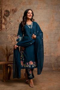 Elegant Peacock Green 60x60 Cotton Floral Embroidered <b>Kurta</b> Pant Dupatta Set for <b>Women</b> Traditional Party Wear - Product Image 3