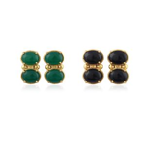 Pendientes minimalistas con cabujón de piedra preciosa, ónix negro, ónix verde, doble piedra, chapados en oro de 18k, joyería de latón al por mayor - Product Image 1