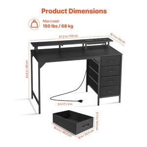 Scrivania per Computer da 47 Pollici con Luci LED e Prese di Corrente, Tavolo da Gaming con 4 Grandi Cassetti, Scrivania da Ufficio con Supporto per Monitor, Postazione di Studio - Product Image 3