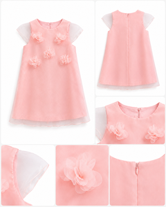 Girls Pink Organza A-Line Dress With <b>Flower</b> Applique Cap Sleeve <b>Sweet</b> Style O-Neck Spring - Product Image 3