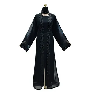 Black Embroidered Palm Tree Turkish Style Lightweight Breathable V Neck <b>Abaya</b> Women Ankle Length Long Sleeve Modest Dress Winter - Product Image 5