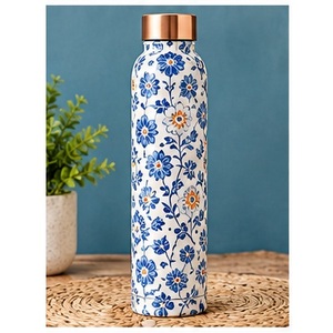 Designer Blue <b>white</b> floral Copper <b>Water</b> <b>Bottle</b> Portable Travel Drinkware with Copper Lid - Product Image 1
