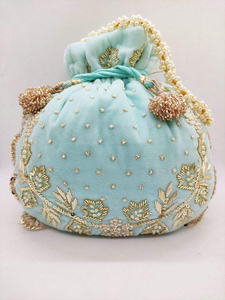 Elegant Light Blue Silk Potli Bag With Gold Beaded Embroidery Pearl Trim Handmade Evening Party Drawstring <b>Purse</b> - Product Image 1