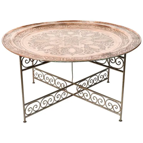 Table basse de salon en fer et métal plaqué cuivre, meuble pliable de forme ronde, Table de maison marocaine