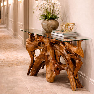 Mesa Consola Fina de Raíz de Teca de Alta Calidad, Única, Orgánica, Hecha a Mano, con Tapa de Cristal, Madera Sólida, Altura Ajustable, Mueble para Hotel - Product Image 4