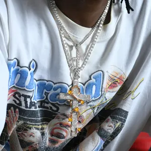 Colgante de Cruz de Plata de Ley Oro Rosa con Cadena de Cuerda y Circonitas Redondas Pavé, Joyería Unisex Cristiana de Moda Hip Hop para Fiesta - Product Image 2