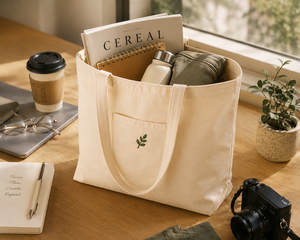 Sac fourre-tout en toile de coton 10oz beige 24x15x6 po avec fermeture personnalisée, poche avant et poche intérieure brodée feuille 7.5x6 po pour le shopping - Product Image 1