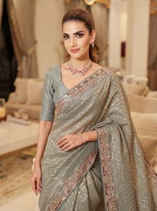 Sari rose brodé style Banarasi en soie mélangée, tenue de mariage, robe de cérémonie festive - Product Image 4