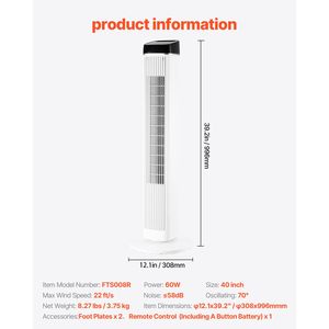 Ventilatore a Torre Silenzioso da 22 Piedi/secondo, Oscillante a 70°, 3 Velocità, 4 Modalità, Timer 12H, Portatile per Interni - Product Image 4