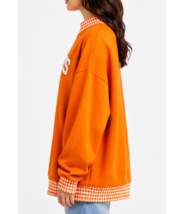 Sweat-shirt oversize à col montant pour femme THETE, en tissu épais, avec patchwork personnalisé à carreaux vichy, style streetwear décontracté et universitaire - Product Image 3
