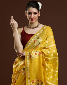 Sari Banarasi Amarillo Estampado para Mujer KV con Blusa Sin Coser - Product Image 1