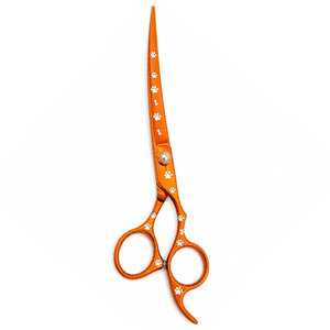 Ciseaux de coiffure professionnels orange en acier inoxydable, lames affûtées, pour droitiers, manche long, motif empreinte de patte - Product Image 1