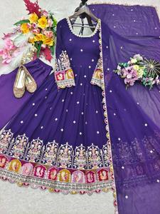 Purple Embroidered Anarkali <b>Suit</b> <b>Women</b> Floor-Length Traditional Indian Pakistani <b>Wedding</b> Dress with Dupatta Loose Fit - Product Image 5