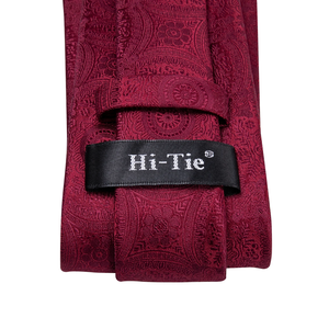 ชุดเนคไทของขวัญสำหรับผู้ชาย Hi-Tie สีแดงไวน์เบอร์กันดี ลายเพสลีย์ ผ้าไหม สำหรับงานแต่งงาน ดีไซน์ทันสมัย คุณภาพสูง พร้อมผ้าเช็ดหน้า - Product Image 5