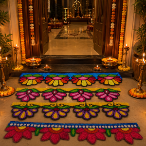 Tapis Rangoli en laine et plumes de qualité supérieure, Toran Ubbran Patti avec 3 crochets, décoration festive faite à la main pour porte et mur - Product Image 3