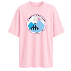 T-shirt décontracté rose clair à col rond avec patch brodé du blason Jack & Jill et grande illustration circulaire au dos, coupe courte pour le quotidien - Product Image 1