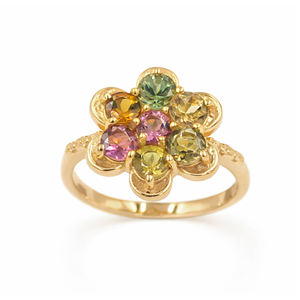 Anillo de Plata de Ley 925 con Turmalina Multicolor, Siete Piedras en Forma de Flor, Inspirado en la Flor Ixora, Chapado en Oro y Rodio - Product Image 3