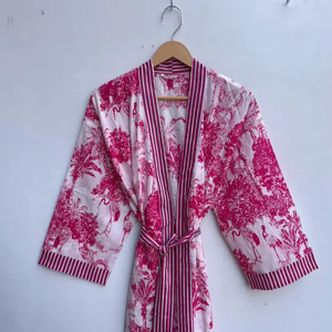 Bata Kimono con Estampado de Dibujos Animados para Mujer, 100% Algodón Tejido, Suave y Transpirable, Camisón de Verano Hecho a Mano, Cuello en V, Cintura Elástica, ODM - Product Image 3
