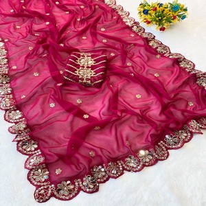 Sari en Georgette de designer Bollywood VASTRA COTTAGE avec broderie originale lourde en miroir et bordure ajourée pour tenue de fête - Product Image 1