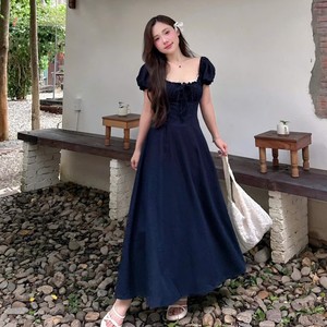 Premium OEM Solid Woven Vintage Off-the-Shoulder Flared <b>High</b> <b>Waist</b> A-Line Breathable Maxi <b>Dress</b> Ruched Detail Puff Sleeves Women - Product Image 3