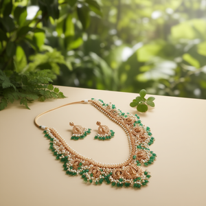 Green Pearl Gold Plated Brass Lakshmi Regular Wedding Fashion Jewelry Set - Product Image 3
