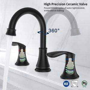 Rubinetto per lavabo bagno nero opaco da 8 pollici con 2 maniglie, bocca girevole a 360 gradi, 3 fori, per lavabo e mobiletto - Product Image 5
