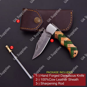 Couteau pliant tactique professionnel fait main en acier Damas massif, à lame coulissante, avec manche en bois d'olivier et motif torsadé - Product Image 2