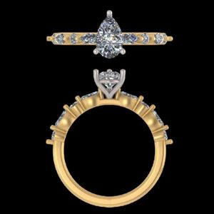 Anillo de Compromiso con Diamante Corte Pera y Piedras Laterales Multiformas, Oro Amarillo de 18k, Anillo de Boda Solitario de Dos Tonos, Joyería Nupcial - Product Image 3