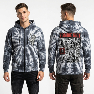 Sudadera con capucha gris tie-dye con cremallera para hombre, estampado gráfico, estilo urbano, punk rock, mano de esqueleto, jersey con capucha de forro polar con lavado ácido personalizado - Product Image 1