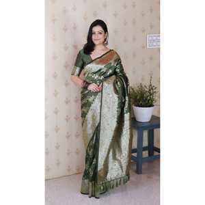 Ensemble de sari pour femme en soie douce verte Elite Weaves Mehendi Banarasi Jaal Meenakari Zari tissé avec chemisier - Product Image 5